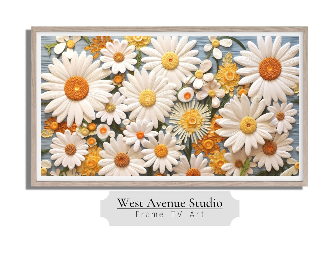 White Daisy Flowers Orange Centers 3D Embroidery Texture Summer Art Poster - Image 2
