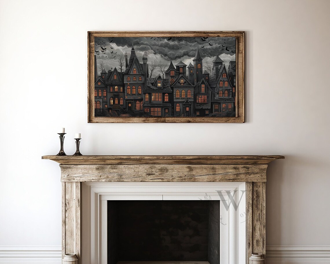 Gothic Halloween Village Glowing Windows Stormy Sky Bats Spooky Night Poster - Image 2