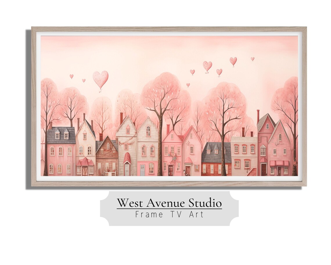 Valentine Heart City Village Pink Neutral Art Print - Image 3