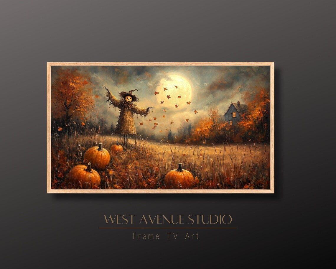 Scarecrow Pumpkin Field Full Moon Autumn Night Spooky Harvest Art Poster - Image 3