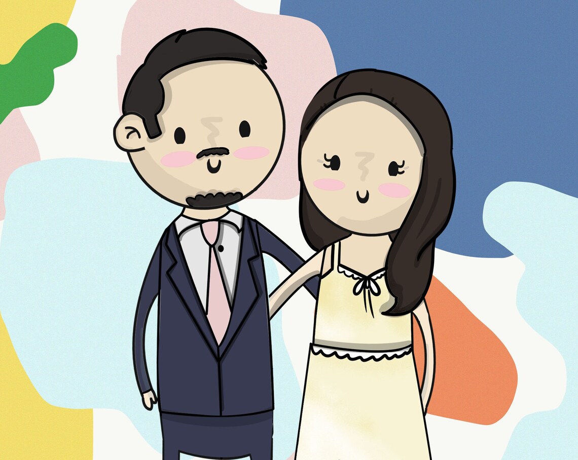 Cute Cartoon Couple Portrait on a Colorful Abstract Background Poster