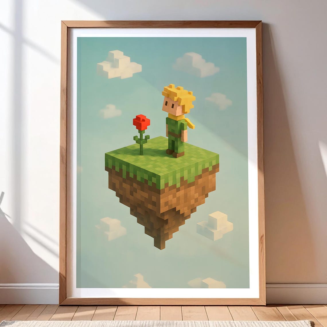 Blocky Pixel Island Floating Boy Red Rose No2 Gaming Room Decor Poster