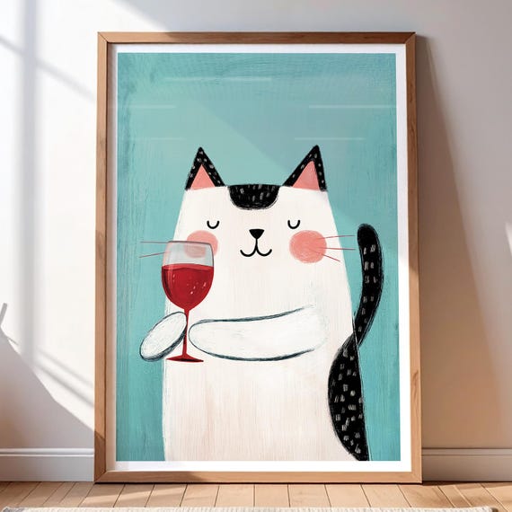 Wine Cat Poster Funny Wall Art Whimsical Black White With Glass Print In 5 Sizes