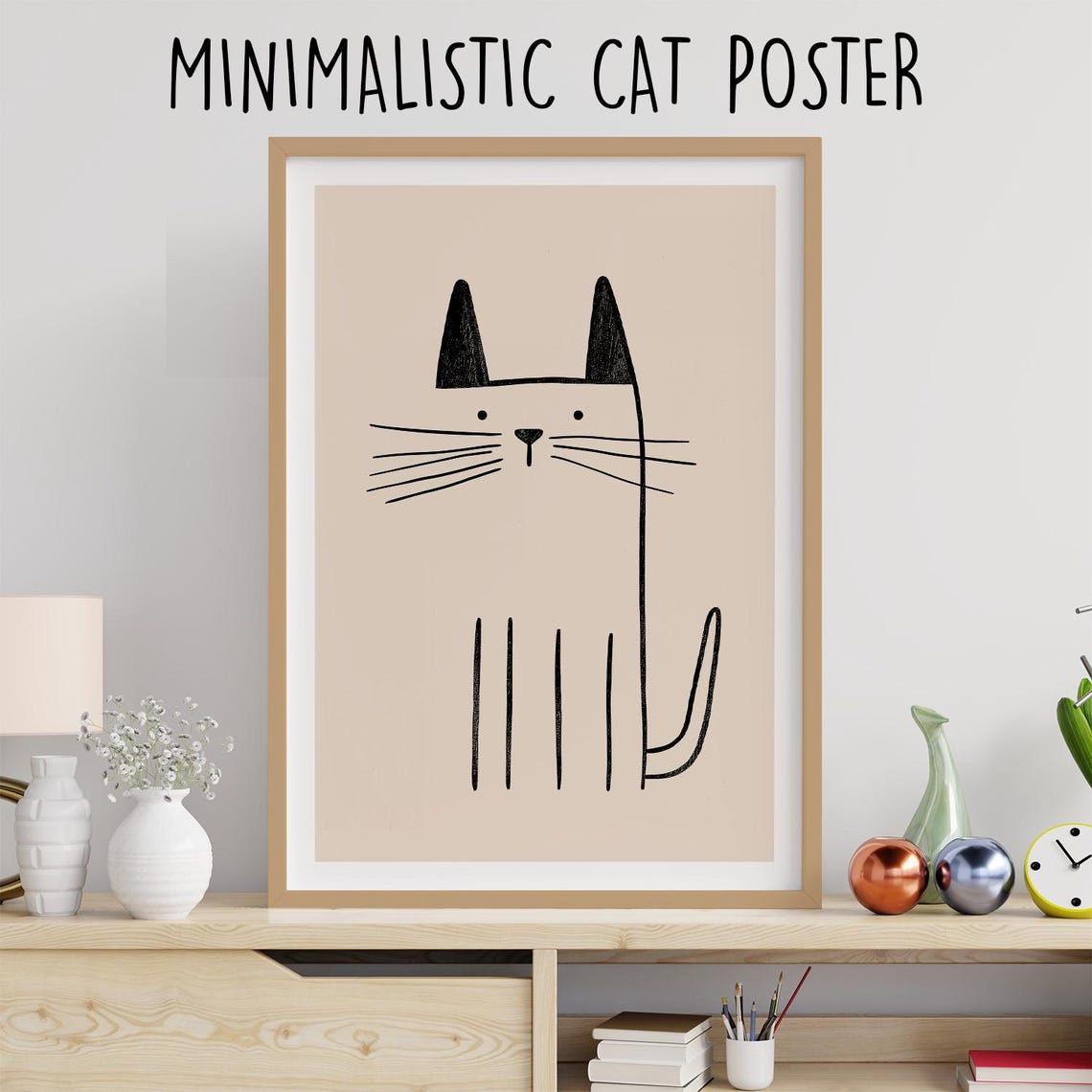 Cute Minimalist Cat Line Drawing Funny Whiskers Kitty Face Art Poster