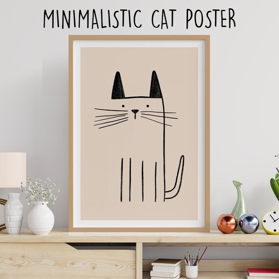 Cute Minimalist Cat Line Drawing Funny Whiskers Kitty Face Art Poster