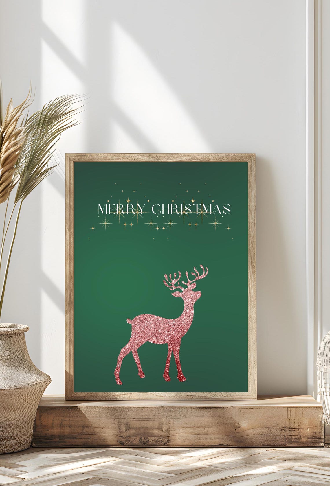 Merry Christmas Green Pink Glitter Reindeer Festive Holiday Poster