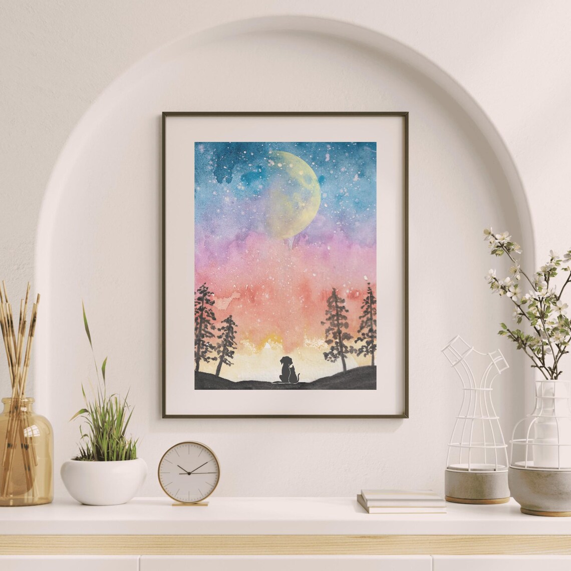 Cat And Dog Moonlit Galaxy Night Sky Watercolor Animal Art Poster - Image 2
