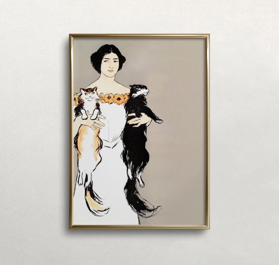 Woman And Cats Vintage Wall Art, Victorian Portrait