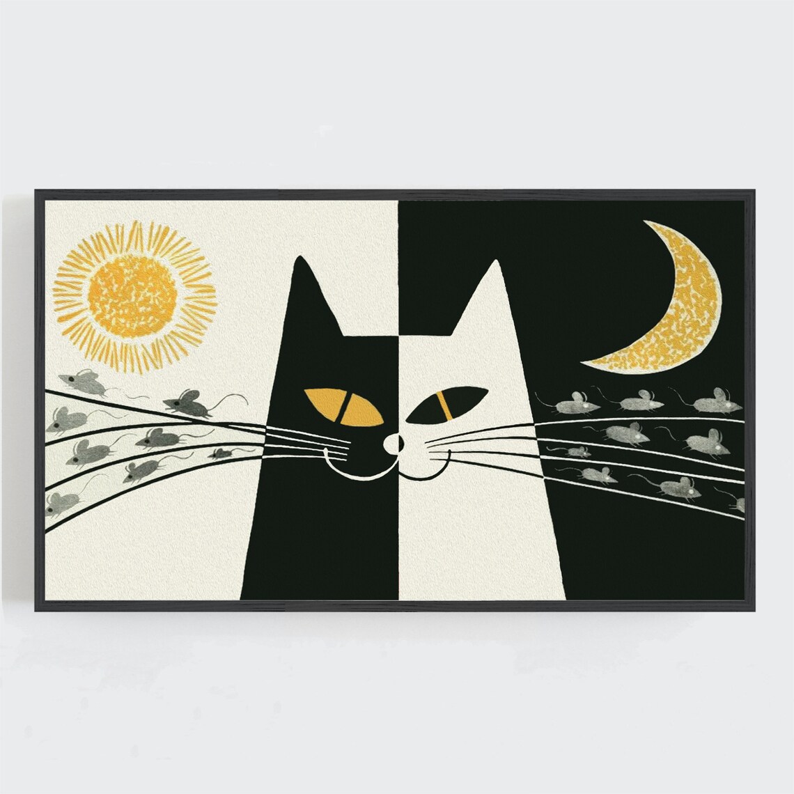 Cat Sun and Moon Art, Vintage Retro Wall Poster