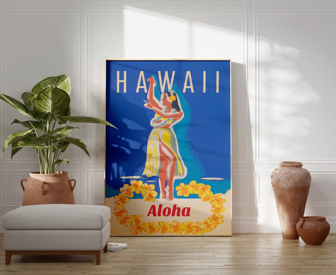 Hawaii Hula Girl Vintage Travel Poster, Retro Style