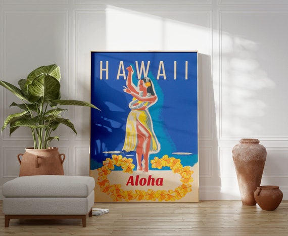 Hawaii Hula Girl Vintage Travel Poster, Retro Style