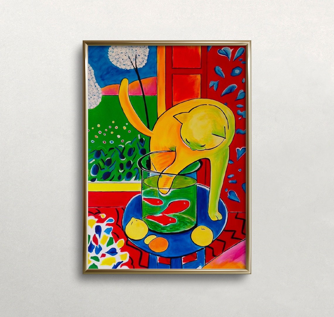 Matisse-Inspired Cat and Red Fish Wall Art Print