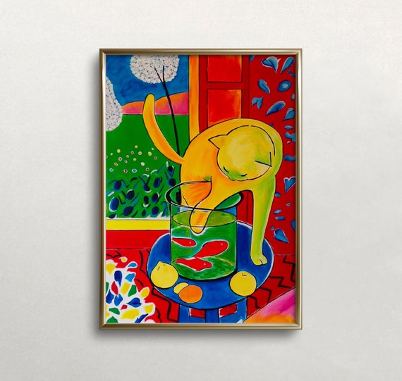 Matisse-Inspired Cat and Red Fish Wall Art Print