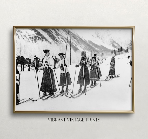 Victorian Women Skiers, Black and White Vintage Art Print