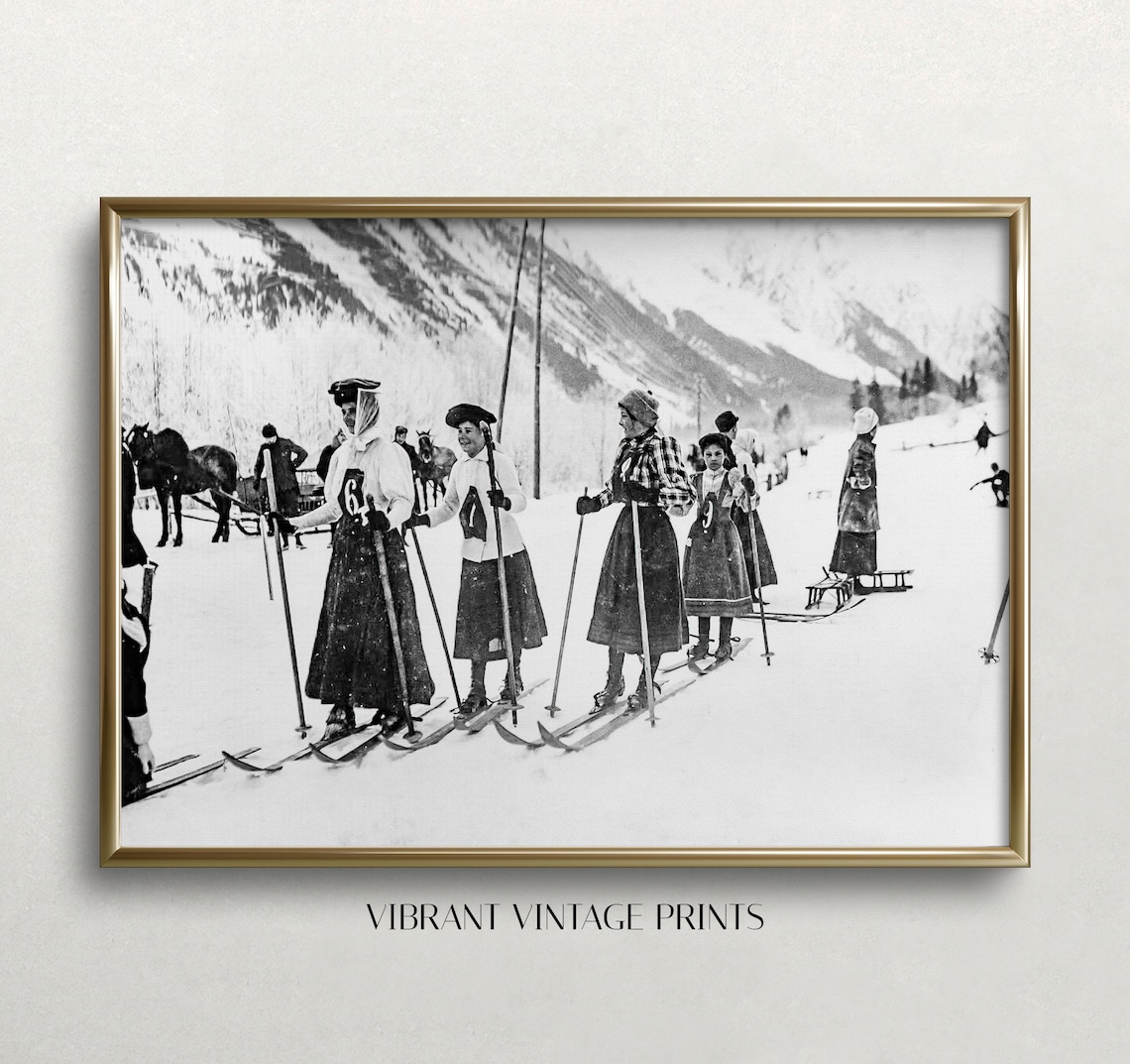 Victorian Women Skiers, Black and White Vintage Art Print