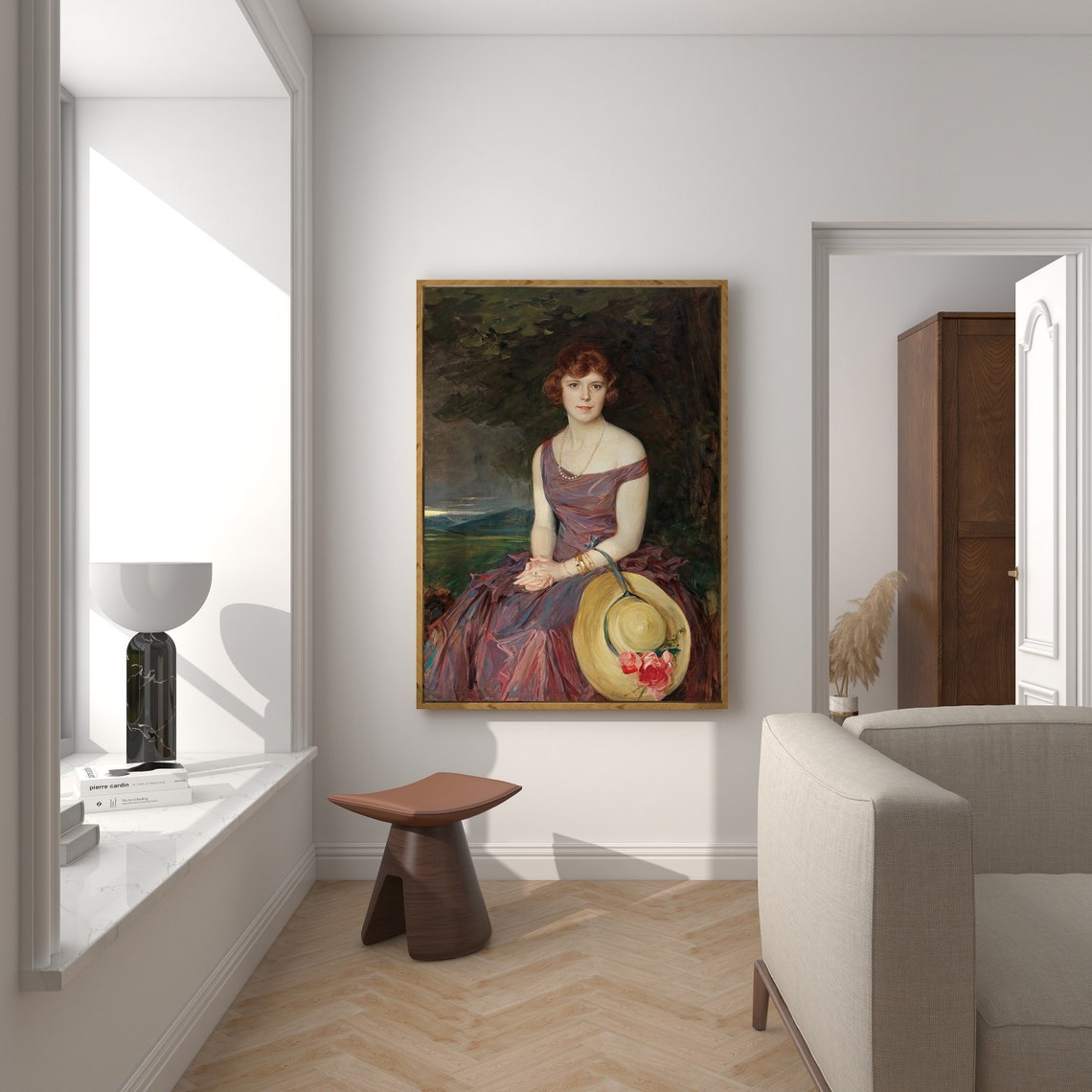 Vintage Lady in Purple Gown Straw Hat Garden Portrait Wall Art