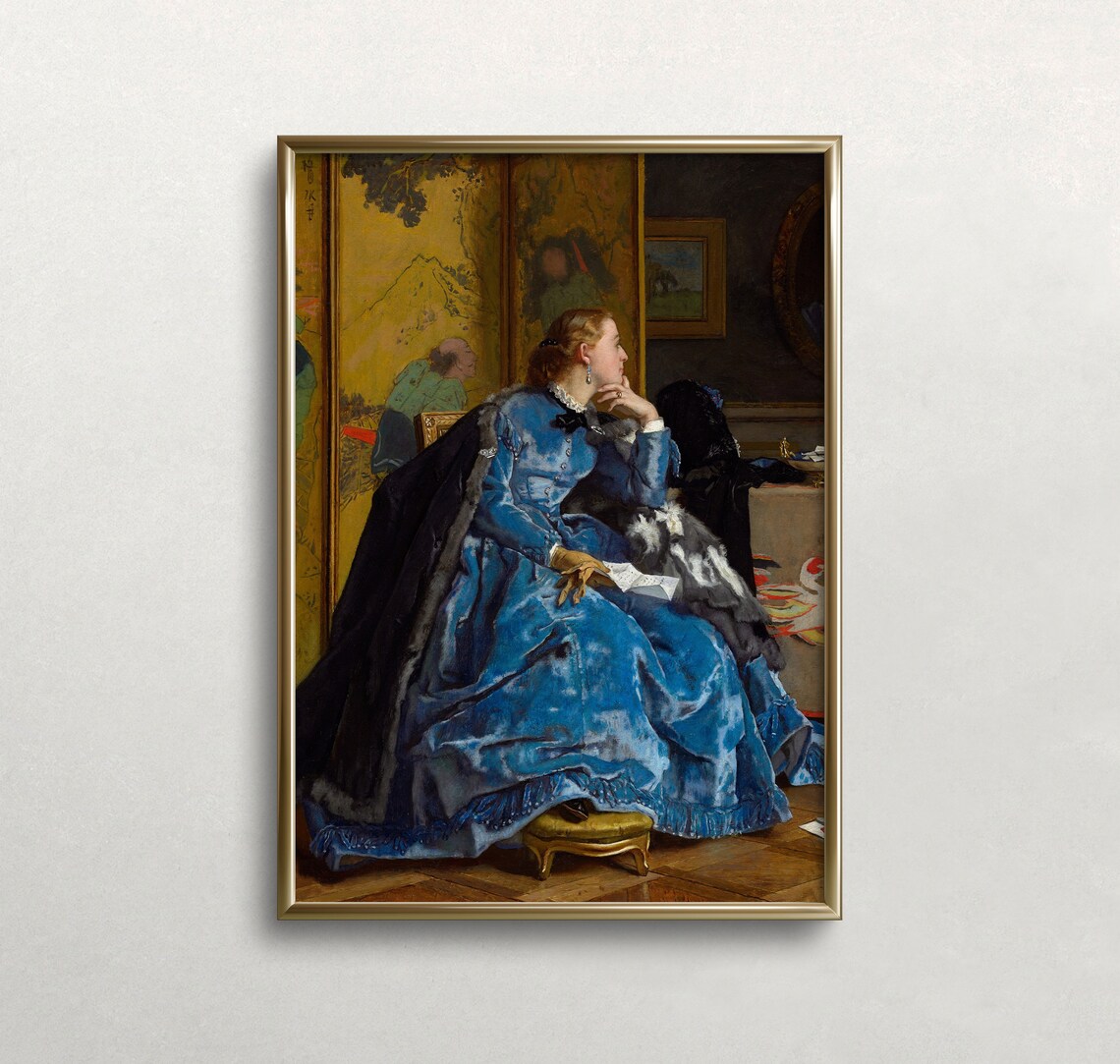 Woman in Blue Velvet Dress Seated Portrait Vintage Oil Painting Poster