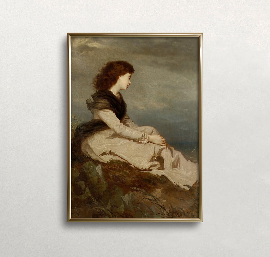 Victorian Woman by the Sea Moody White Dress Antique Portrait Wall Art