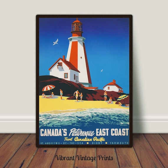 Canada Lighthouse Beach Travel Poster, Vintage