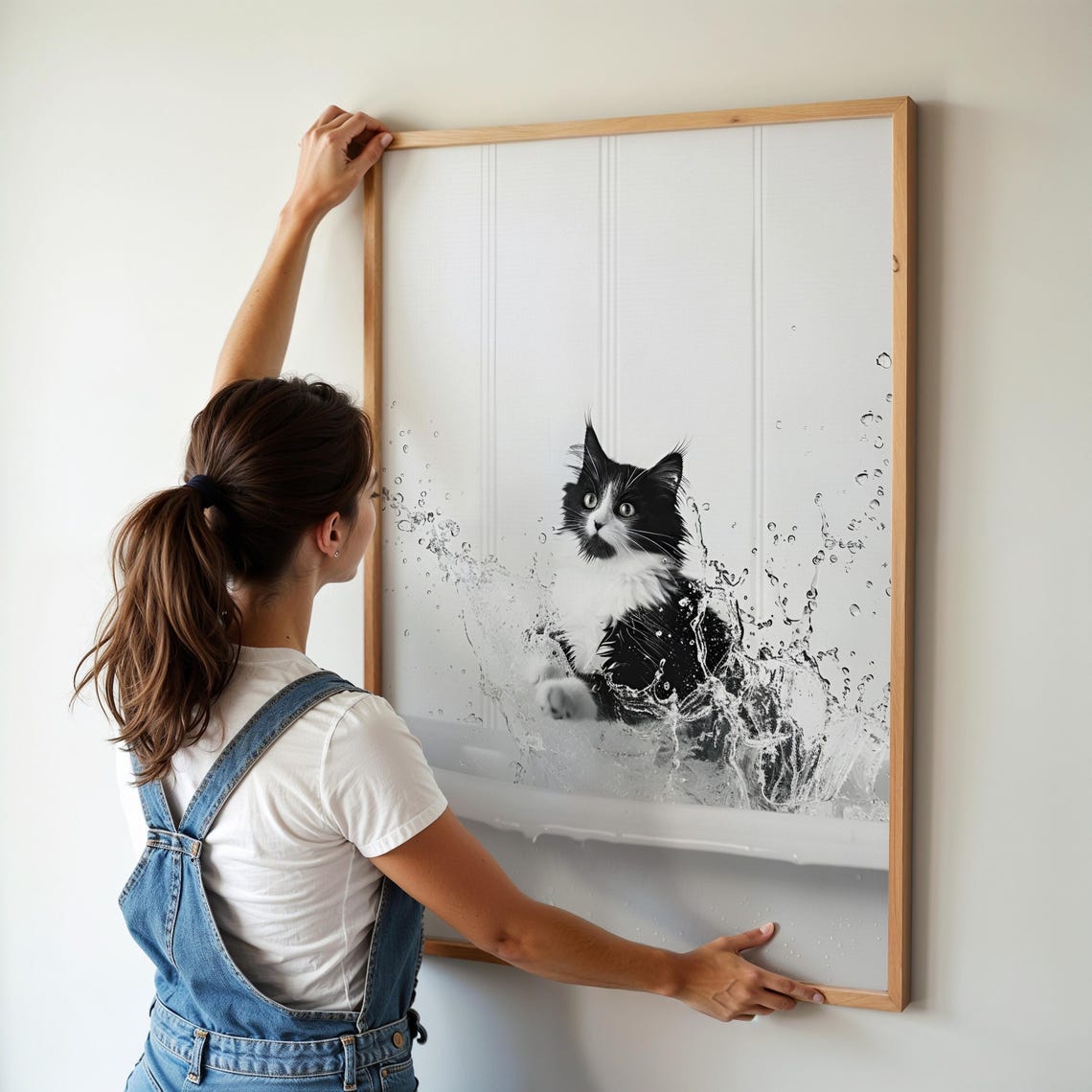 Black And White Tuxedo Cat Splashing In Bathtub Funny Pet Poster - Image 3