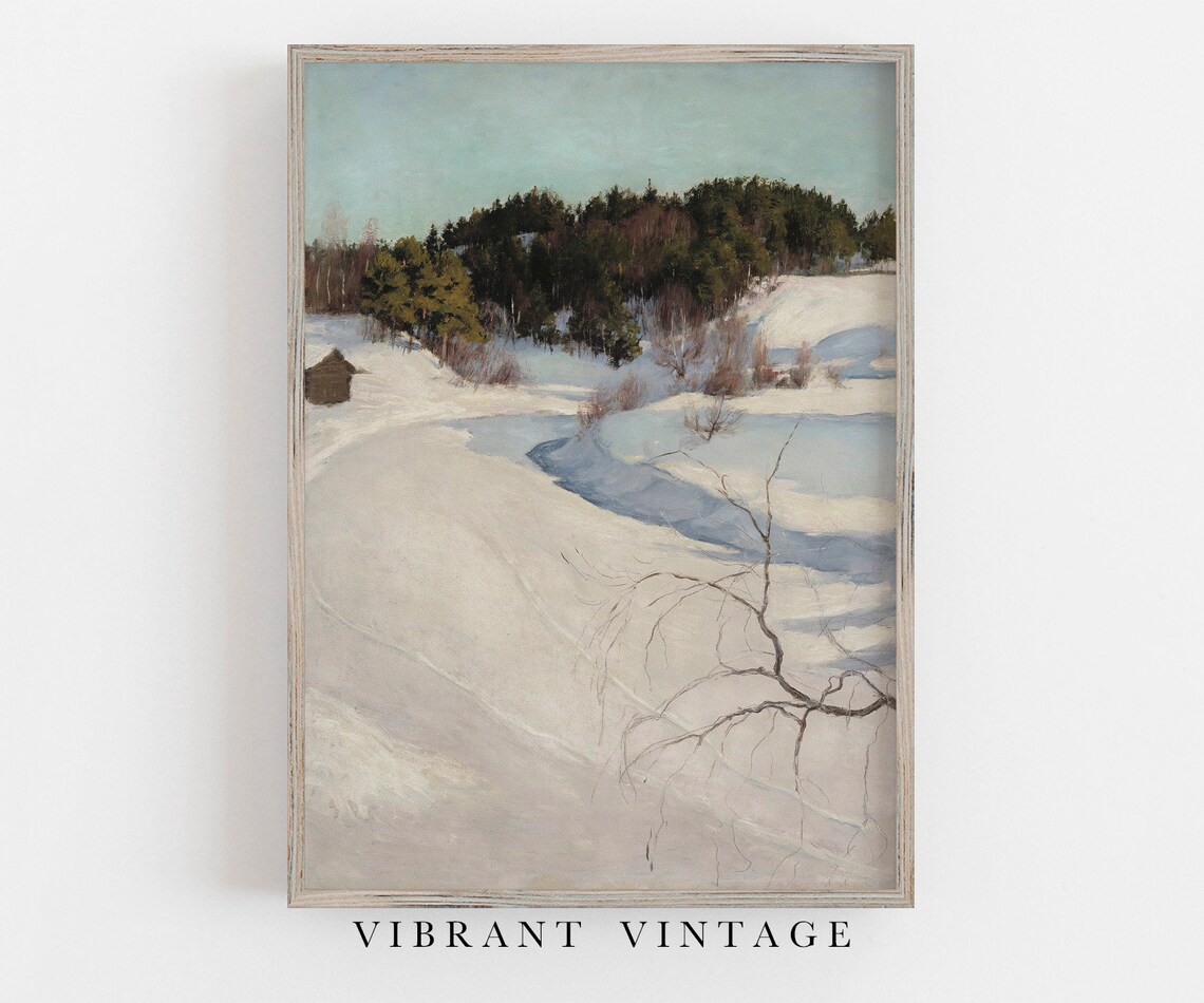 Snowy River Bend Winter Pines Small Cabin Vintage Landscape Wall Art