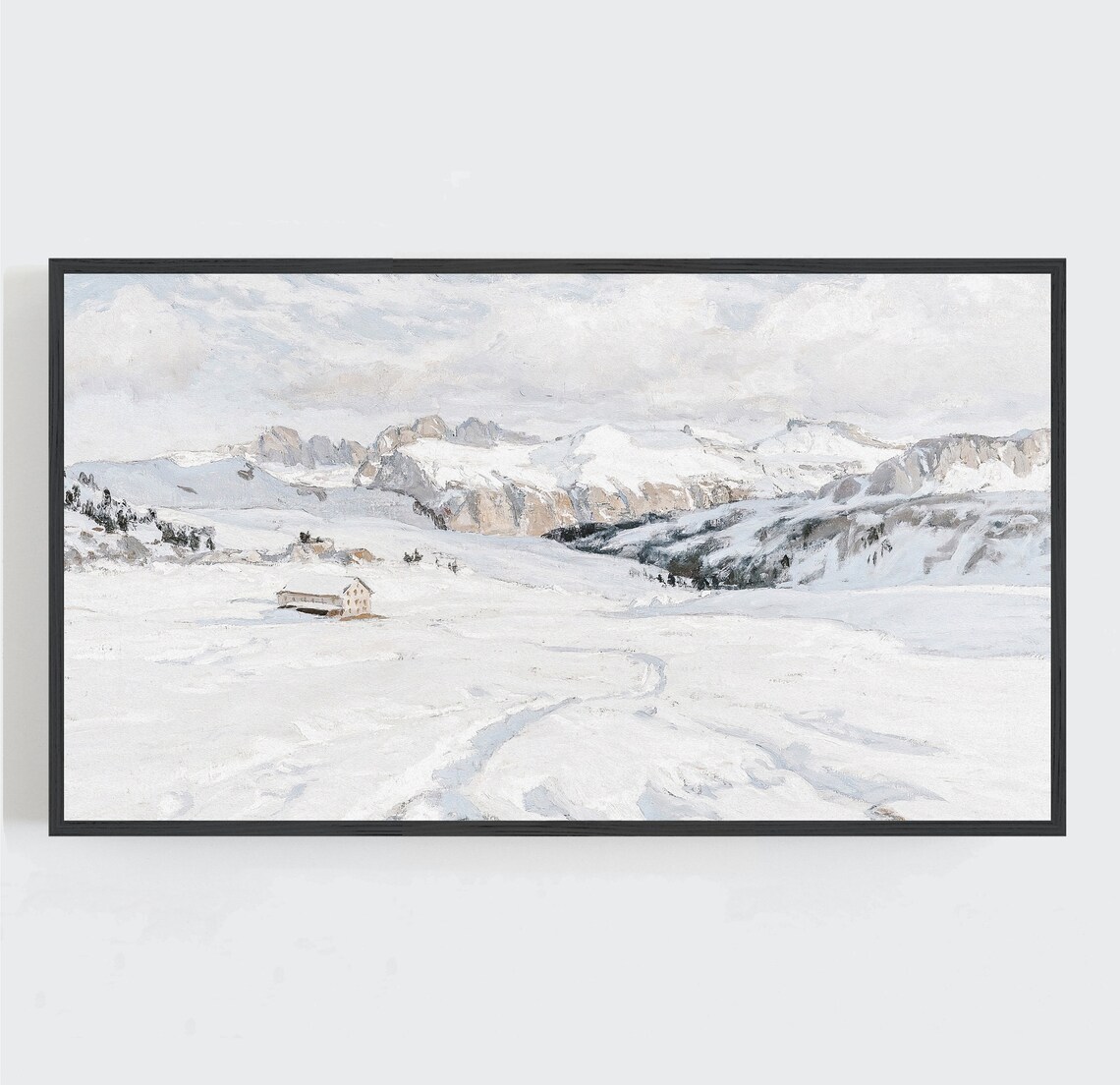 Snowy Mountain Valley Cabin Winter Landscape Oil Painting Wall Art - Image 2