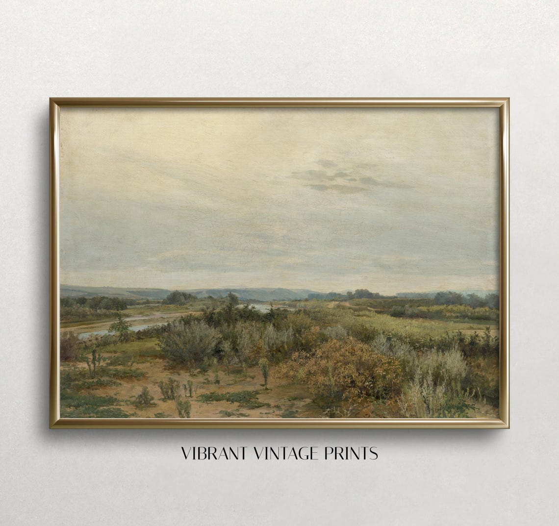 Muted River Plain Vintage Neutral Landscape Oil Painting Poster