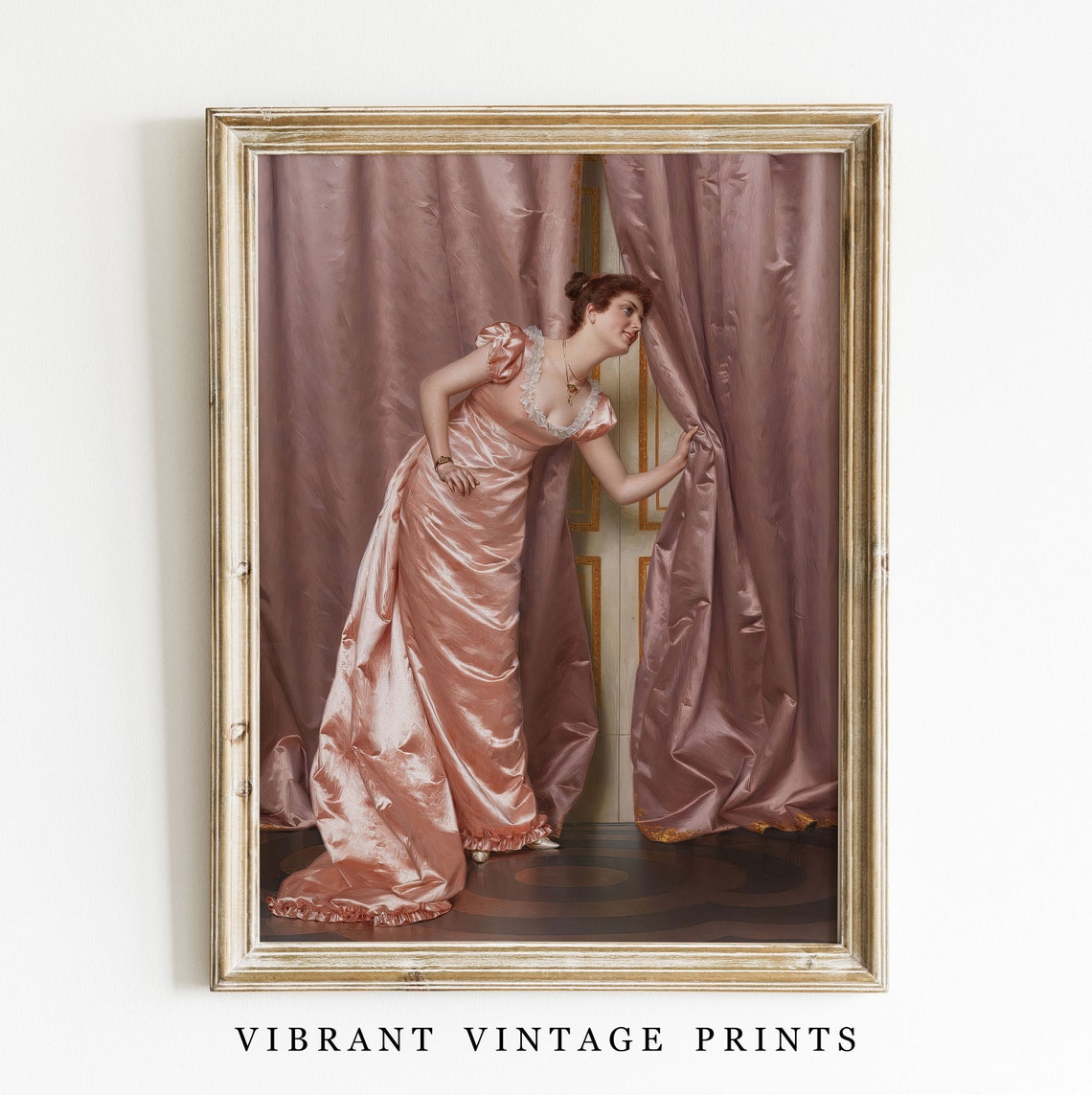 Regency Woman Pink Satin Gown Peeking Through Curtains Wall Art - Image 4