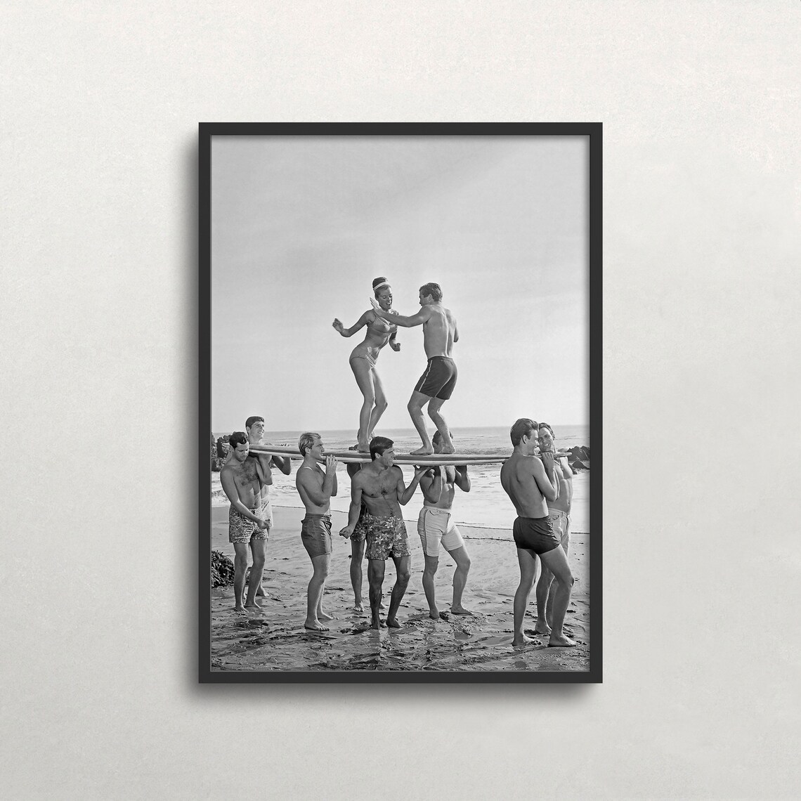 Dancing On Surfboard, Black And White Vintage Beach Art Print