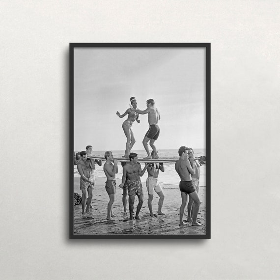 Dancing On Surfboard, Black And White Vintage Beach Art Print