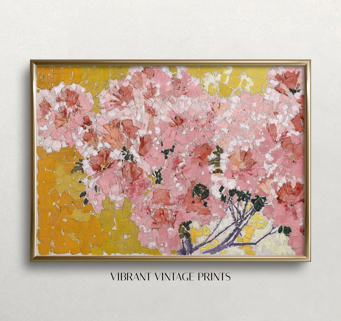 Pink Azaleas Impasto Floral Painting Golden Yellow Colorful Wall Art