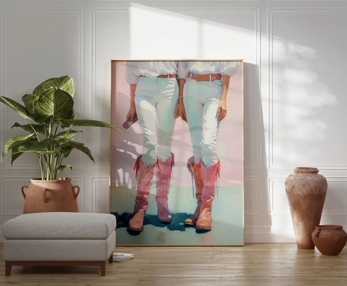 Cowgirl Pink Cowboy Boots White Jeans Pastel Fashion Art Poster - Image 2