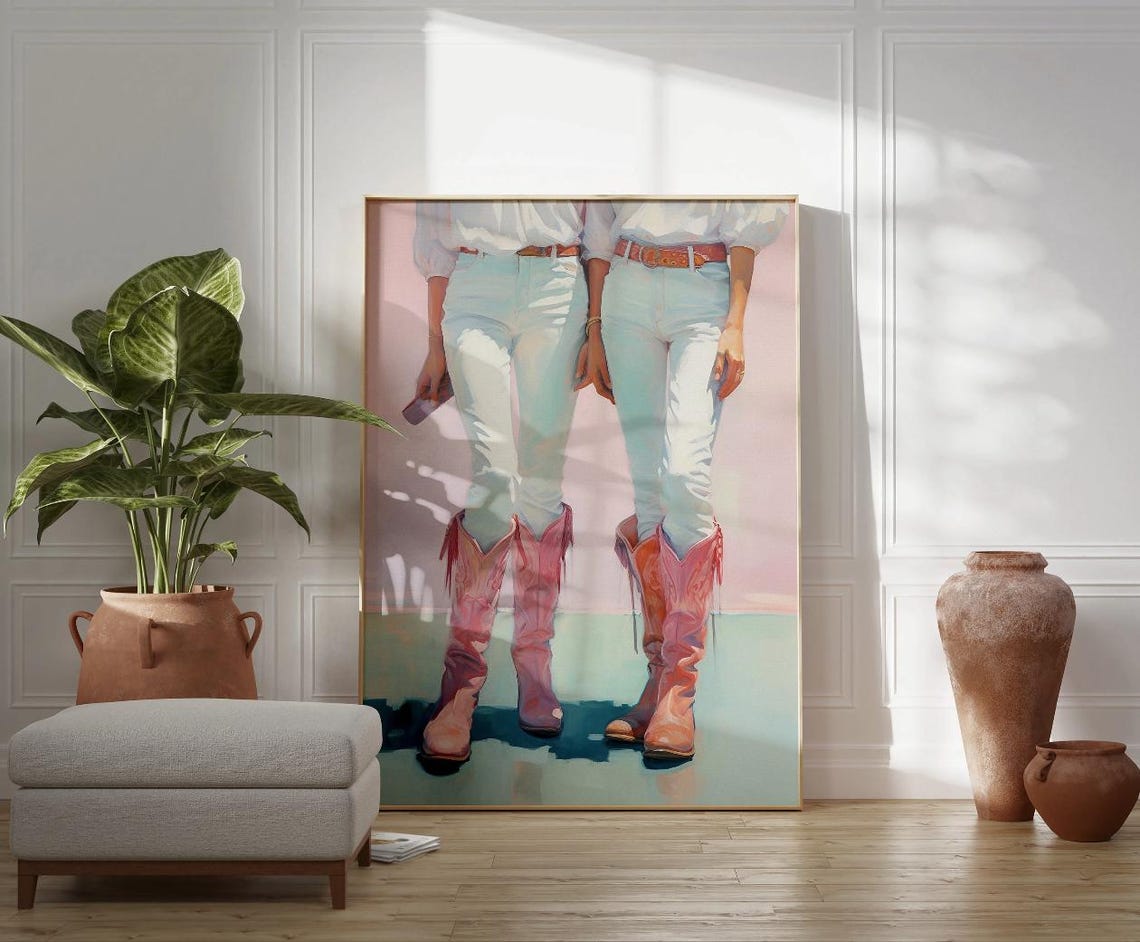 Cowgirl Wall Art Soft Pastel Colors Pink Cowboy Boots Cowgirl Fashion Art Western Aesthetic Wall Art - Image 2