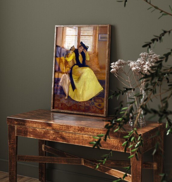 Vintage Woman In Yellow Gown Seated Portrait Moody Oil Art Poster
