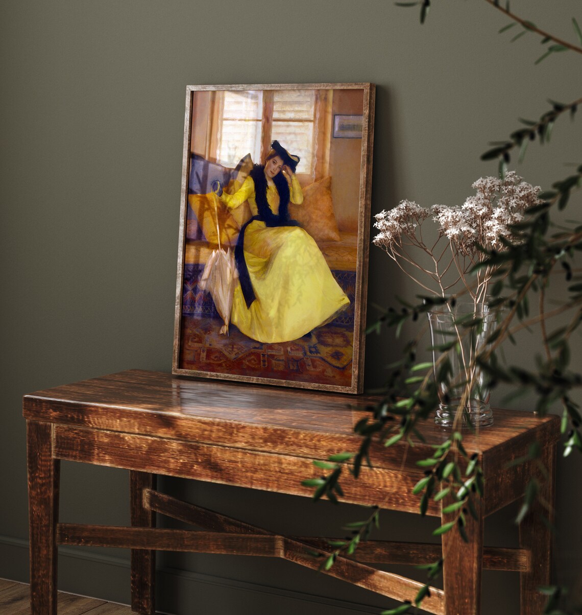 Vintage Woman In Yellow Gown Seated Portrait Moody Oil Art Poster
