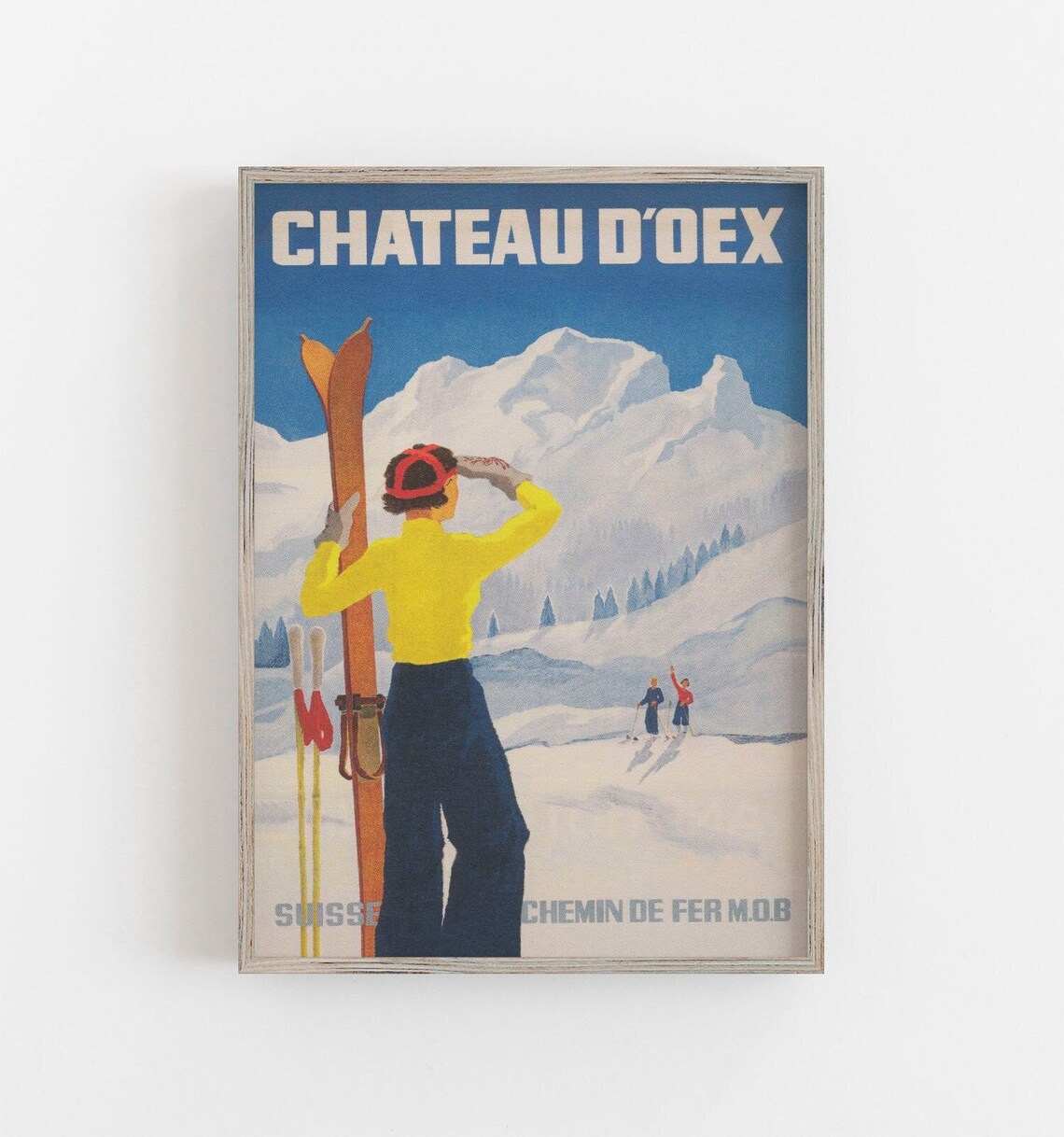 Vintage Ski Poster Switzerland, Chateau d'Oex Travel Poster