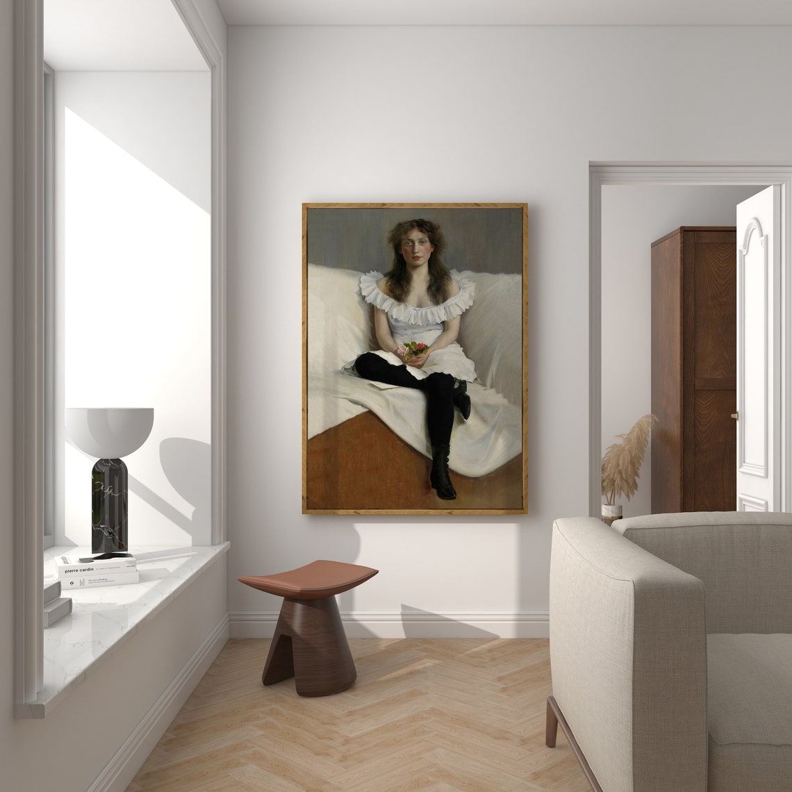 Young Woman in White Dress with Roses Seated Vintage Portrait Poster - Image 5