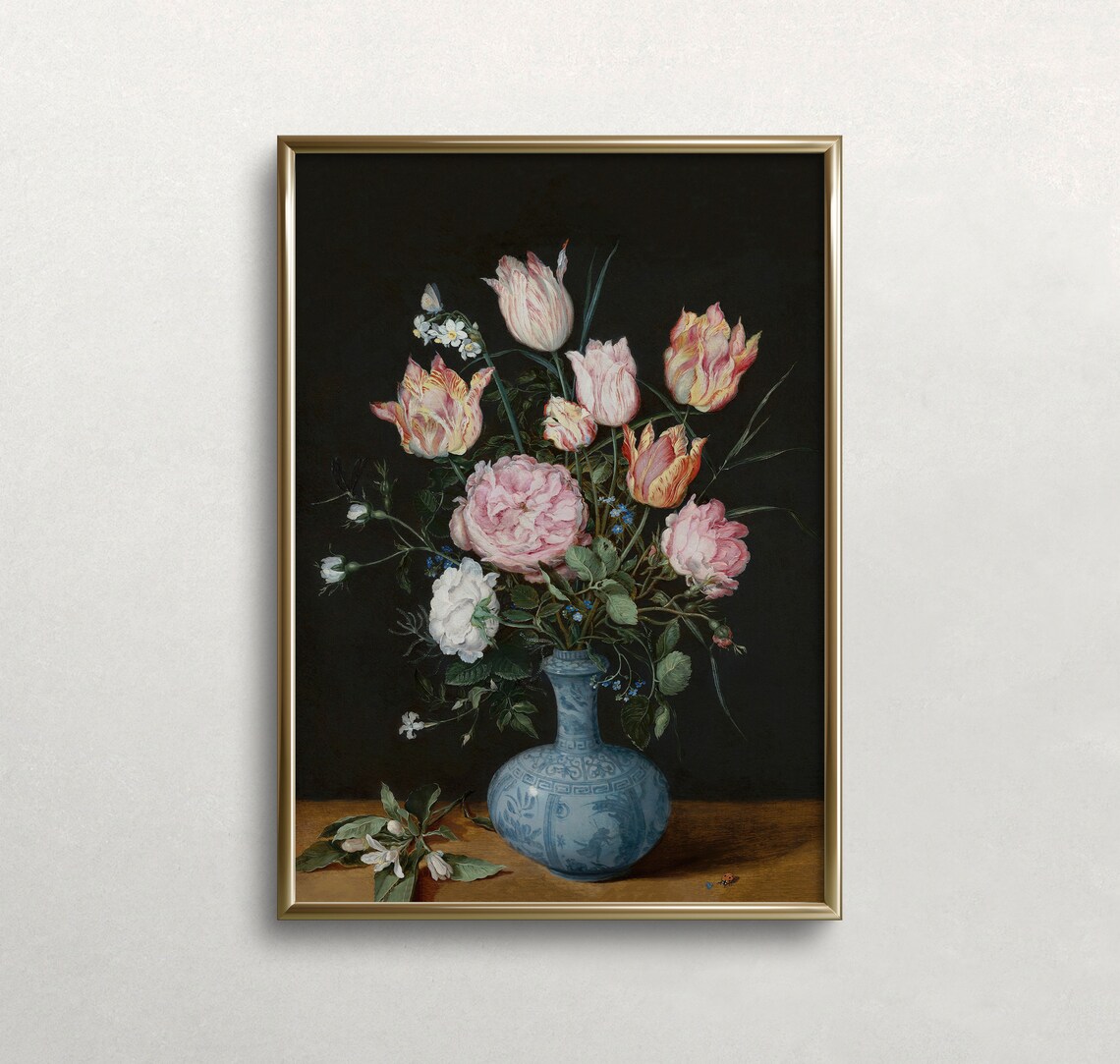 Moody Flowers in Vase, Vintage Antique Wall Art