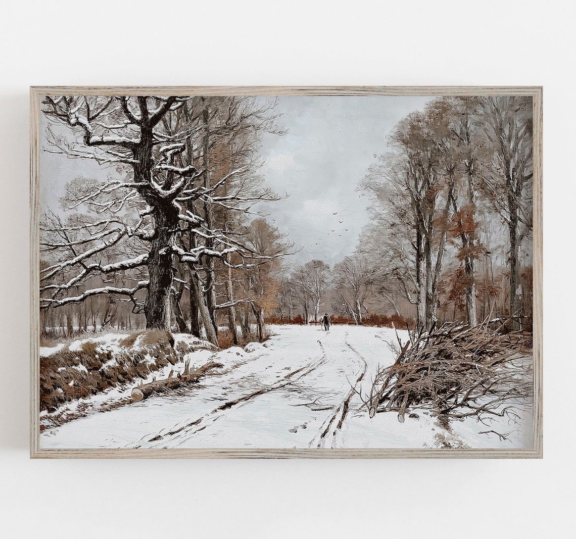 Moody Winter Forest Landscape Snowy Path Antique Oil Painting Wall Art