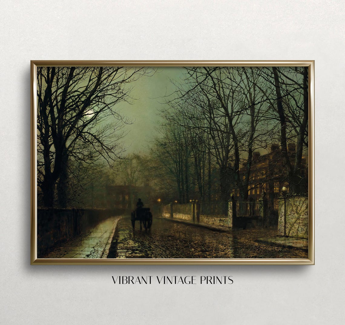 Victorian Moonlit Street Horse Drawn Carriage Nocturne Art Print