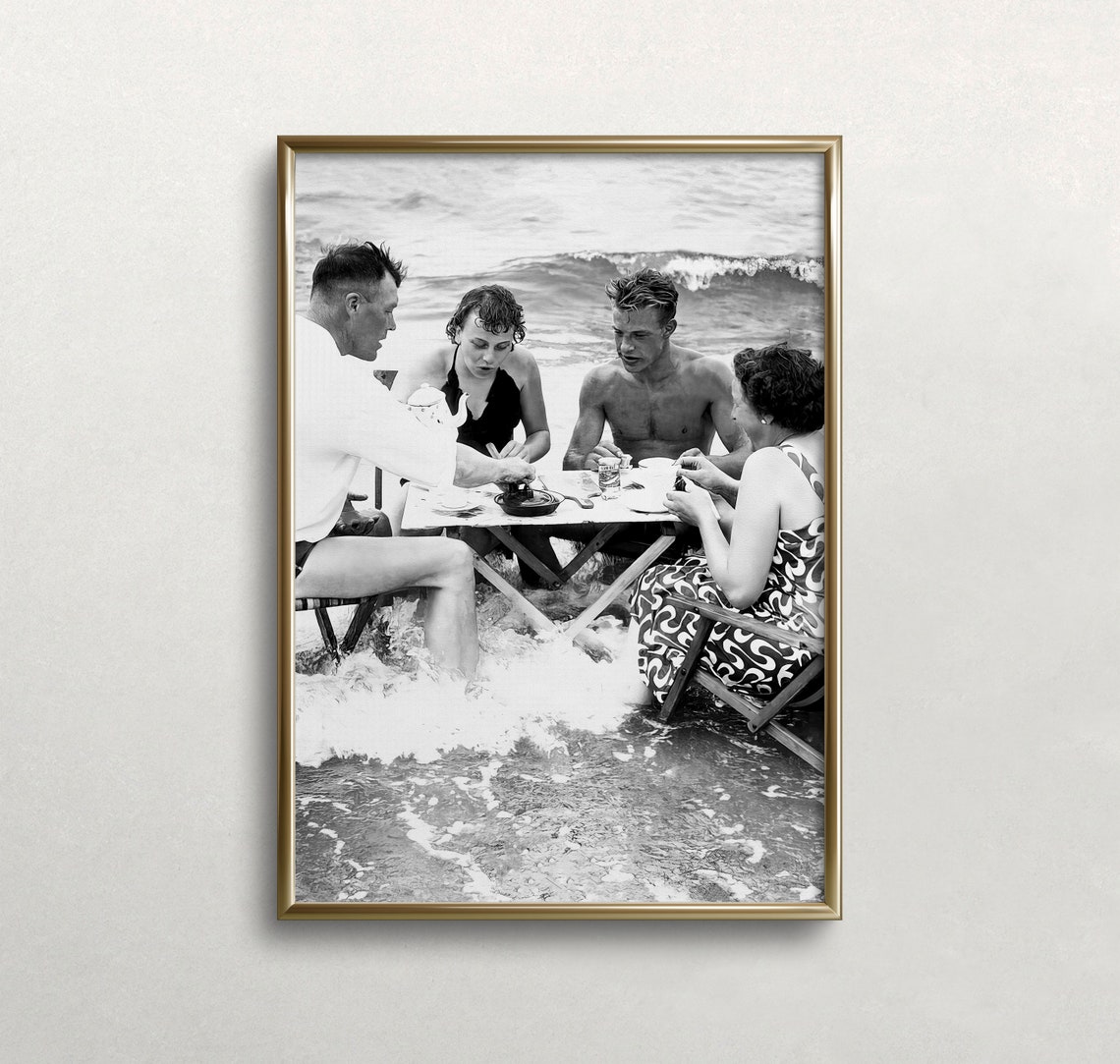 Tea Party In Surf Beach Vintage Black White Funny Friends Photo Print