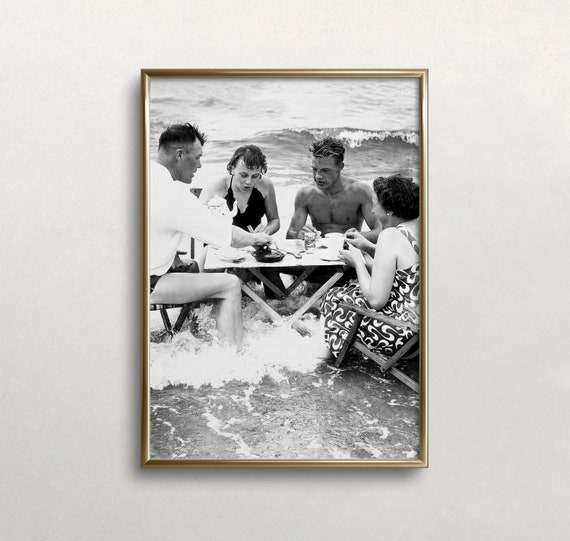 Tea Party In Surf Vintage Beach Art Black And White Art Old Photo Summer Wall Art Funny Wall Art Wall Art