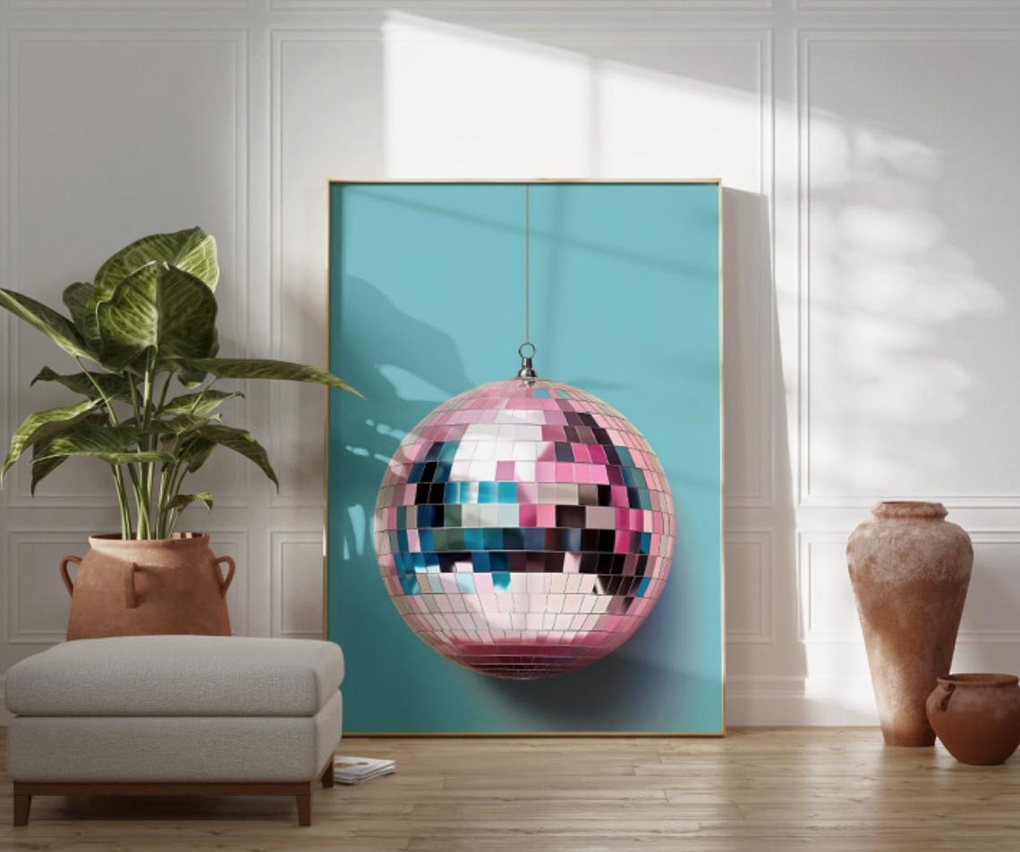 Pink Disco Ball Mirror Ball Teal Backdrop Fun Retro Wall Poster