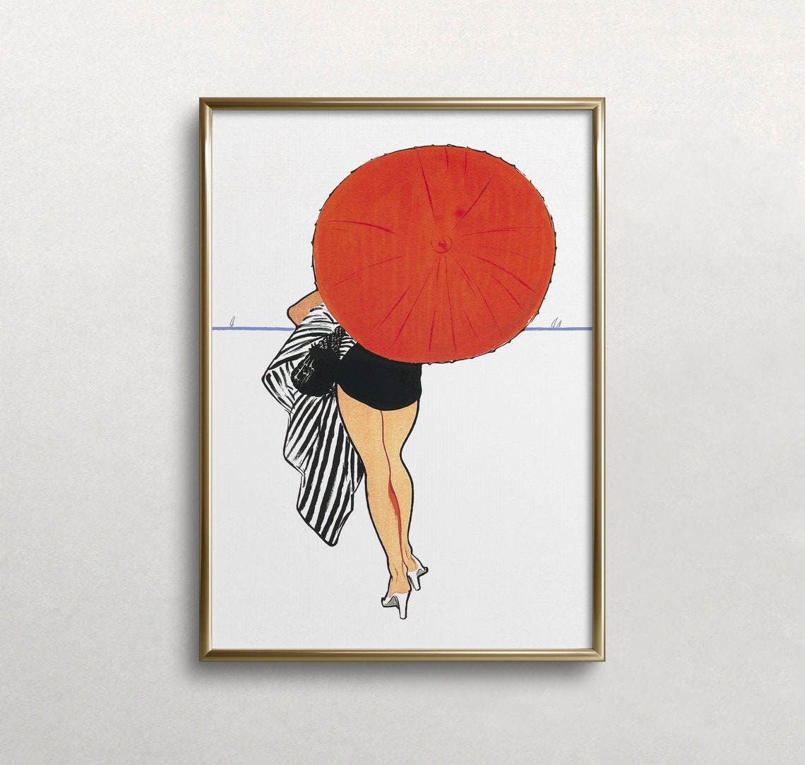 Woman With Red Parasol Striped Robe Vintage Art Deco Beach Poster