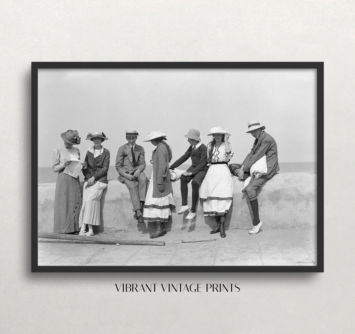 Vintage Group of Young People at Seawall Black and White Photo Poster - Image 3