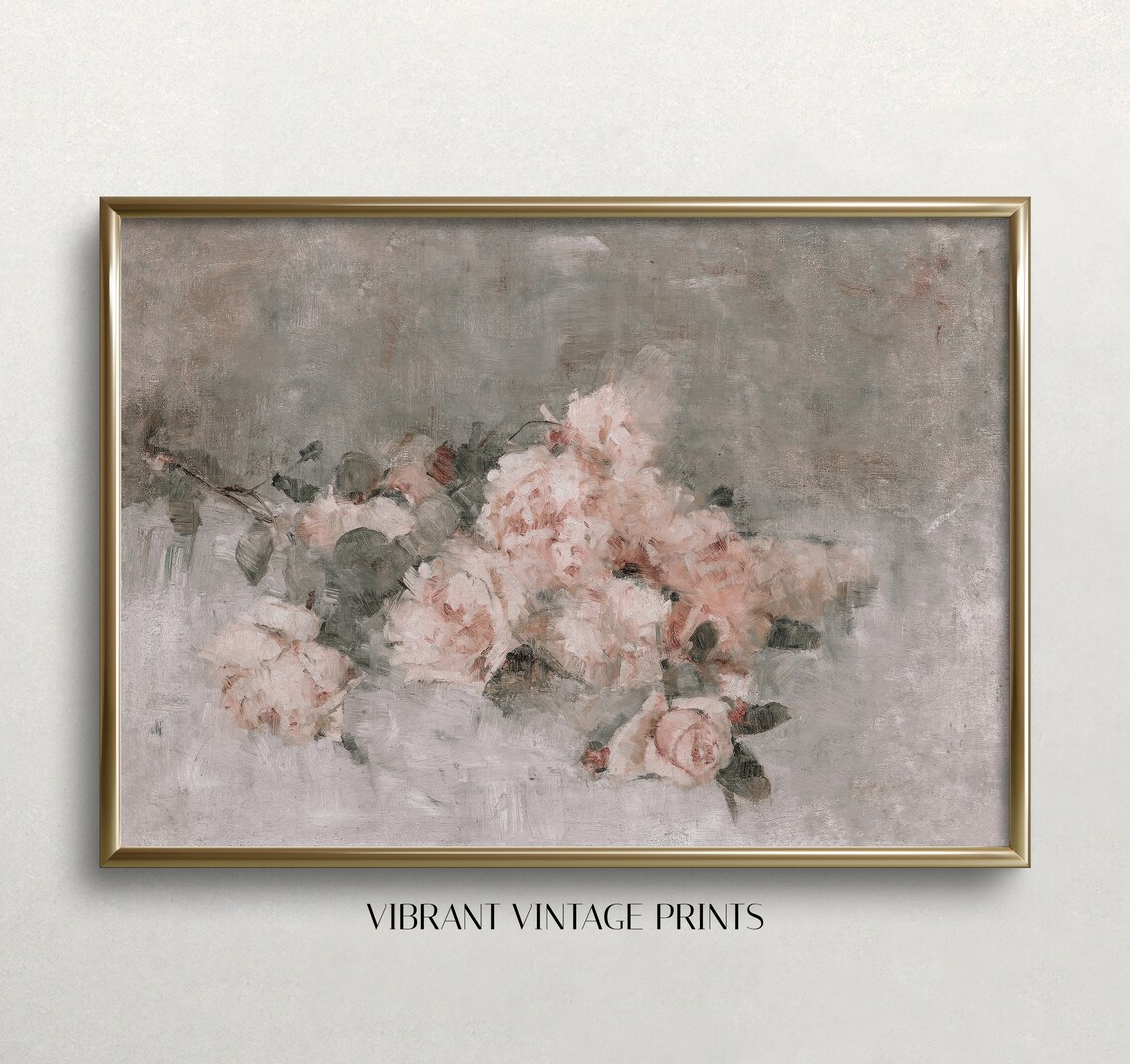 Blush Pink Roses Vintage Art Print, Muted Neutral Decor