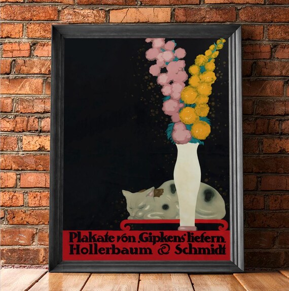 German Vintage Cat With Flowers Poster Gipkens Hollerbaum Schmidt Art