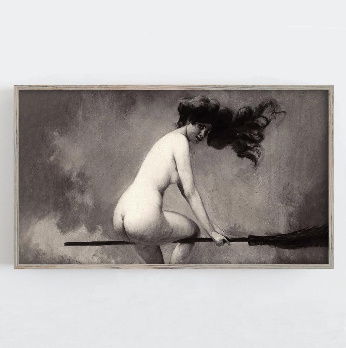 Nude Witch Flying On Broomstick Dark Vintage Charcoal Art Poster