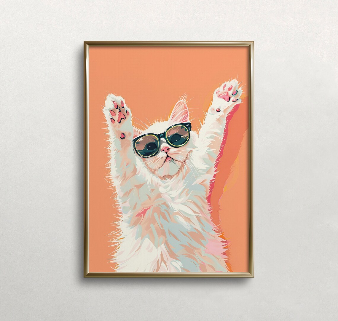 Playful White Cat In Sunglasses Peach Background Cute Pet Animal Poster