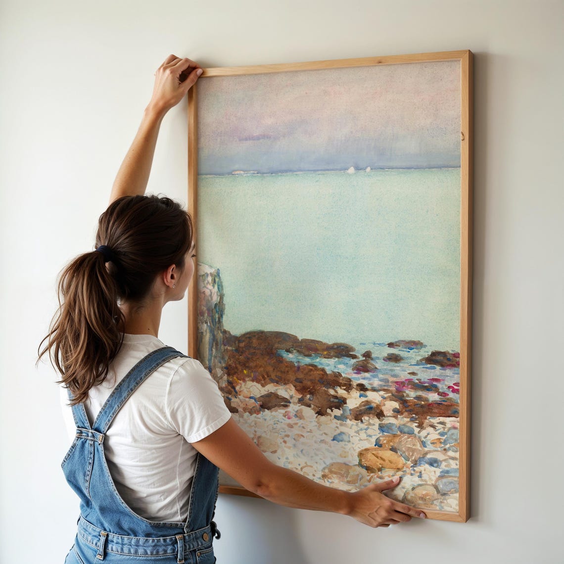 Pastel Beach Watercolor Rocky Shore Coastal Landscape Poster - Image 2